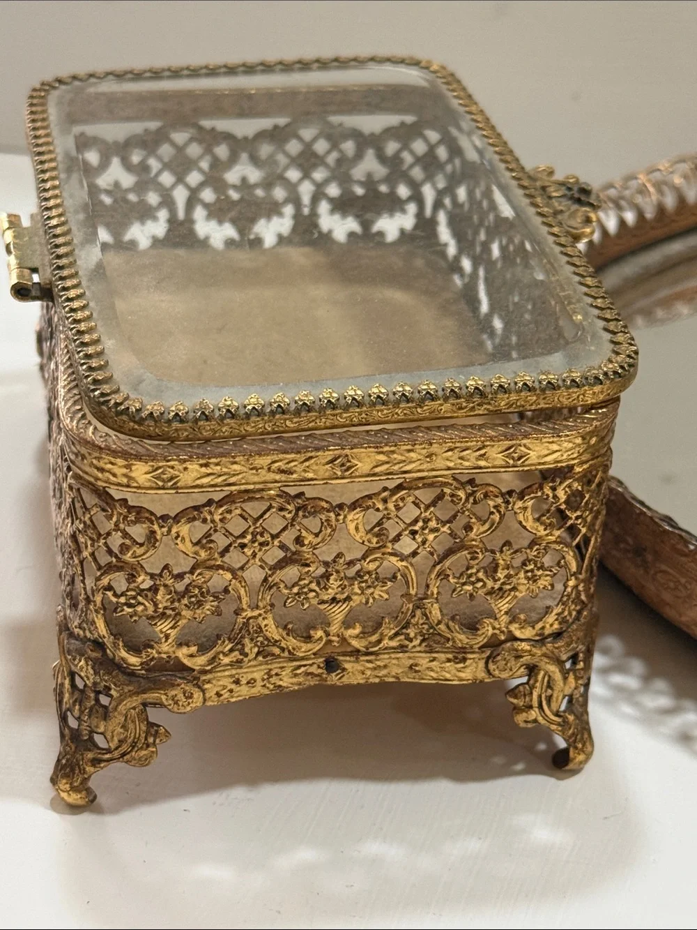 Vintage Ormolu Ornate Gold Brass Glass Jewelry Trinket Box & Round Mirrored Tray